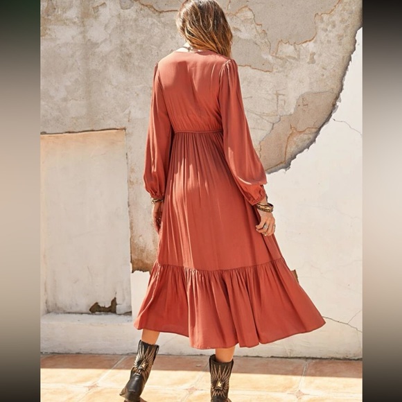 Boho orange button pleated long sleeve maxi dress - Picture 5 of 7